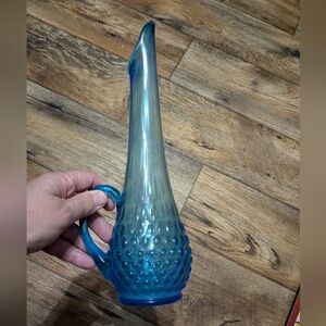 Hobnail Blue Swung Pitcher Vase With Handle MCM Unmarked 12.5" X 4" Wide Kanawha
